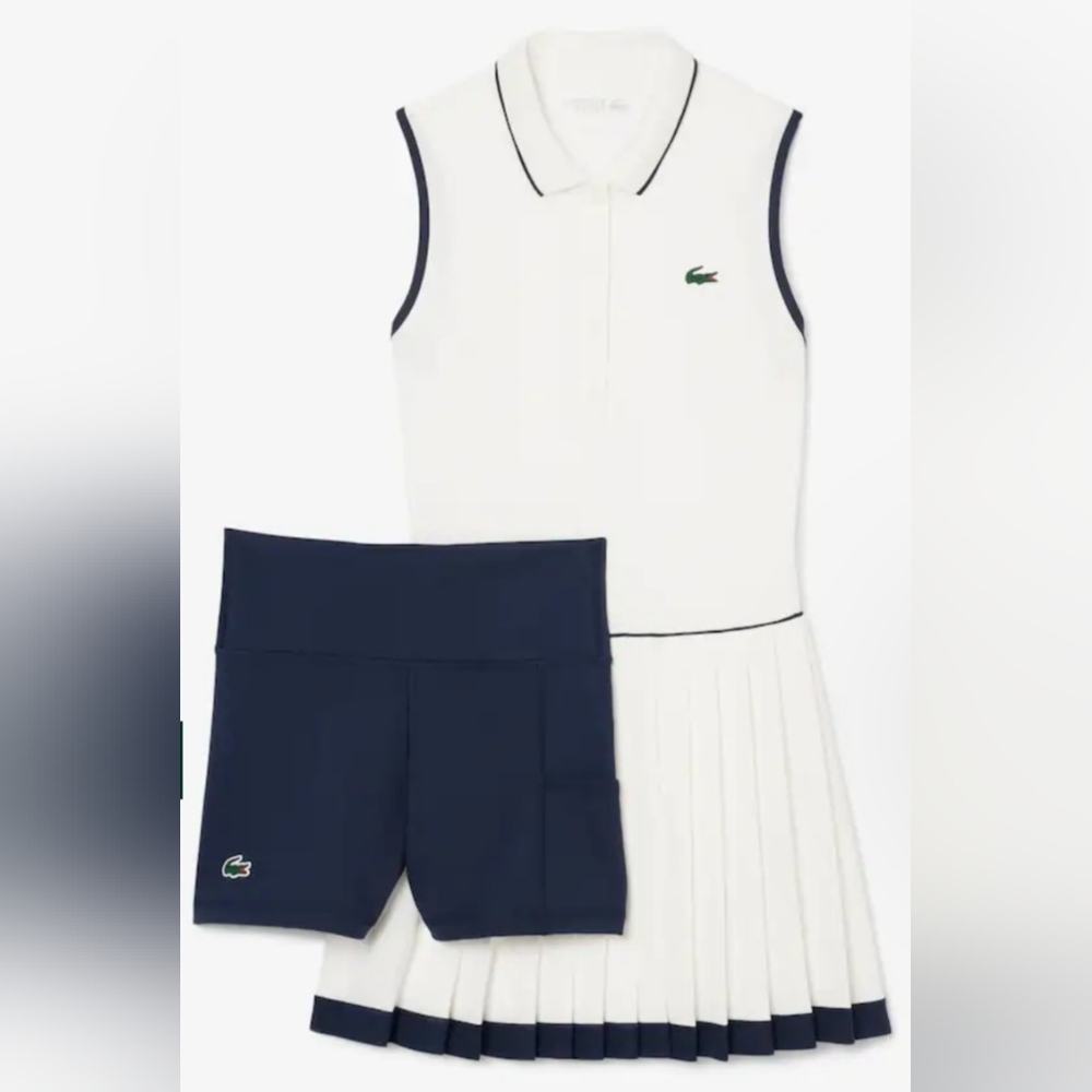 Lacoste White Tennis Dress with Navy Trim and Navy Shorts, Size 32-0, NWT